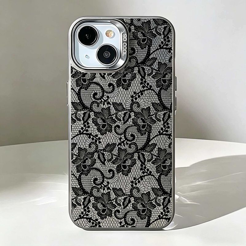 Vintage Floral Pattern Soft Case - 빈티지 블랙 레이스 플로럴 로즈 폰