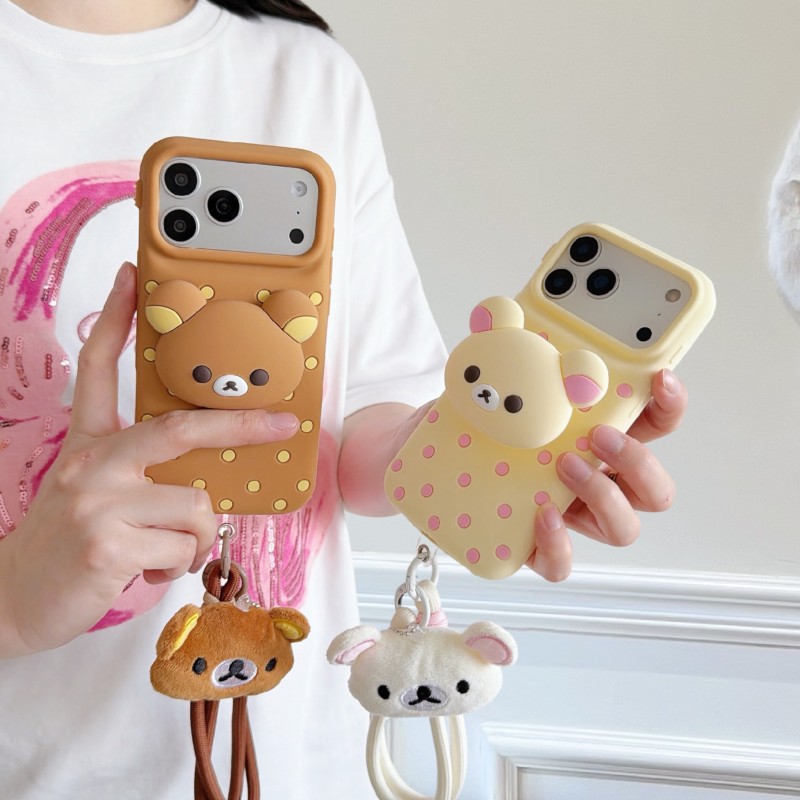 Cute Cartoon Wrist Strap Silicone Case - 3D 리락쿠마 곰돌이 물방울 무늬 실리콘